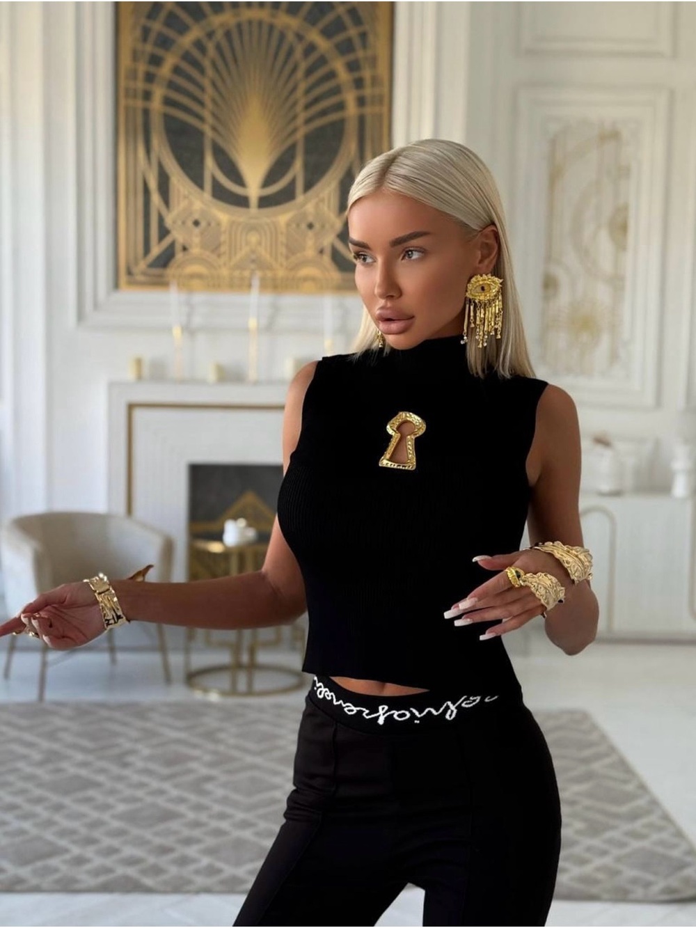 Schiaparelli  Black Ribbed Sleeveless Crop Top with Gold Keyhole Detail